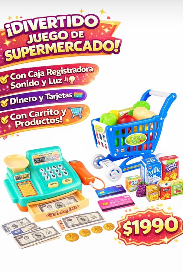 Carrito Super + Accesorios+ dinero +caja Registradora con sonidos
